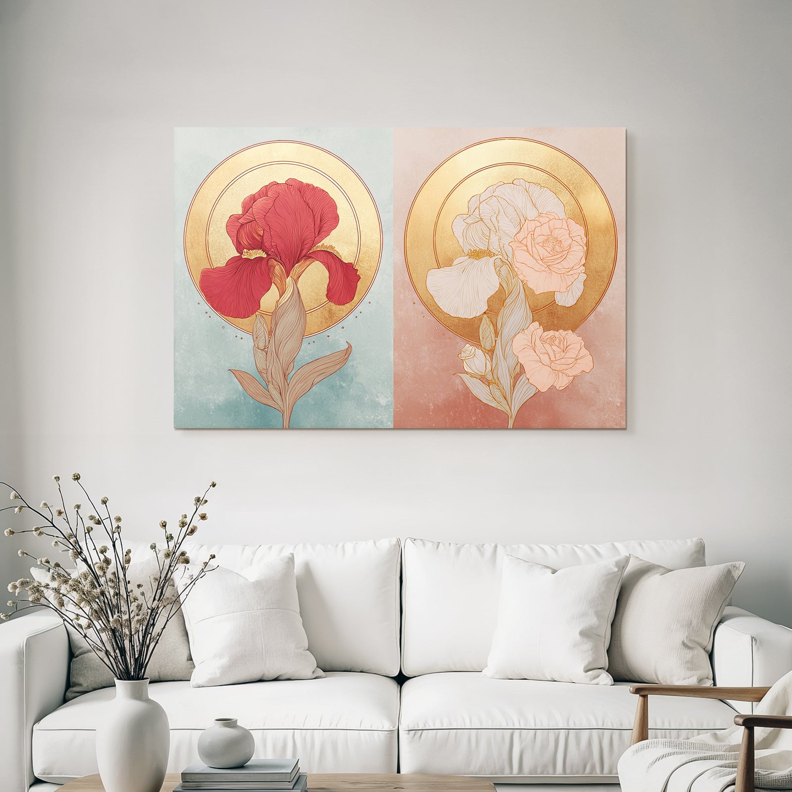 Zweifarbige Blumenillustration Rot Und Weiss Mit Goldenen Halos