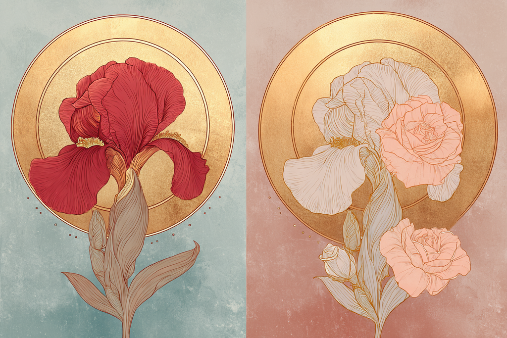 Zweifarbige Blumenillustration Rot Und Weiss Mit Goldenen Halos | Jugendstil | Stilrichtungen
