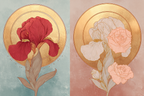 Zweifarbige Blumenillustration Rot Und Weiss Mit Goldenen Halos | Jugendstil | Stilrichtungen