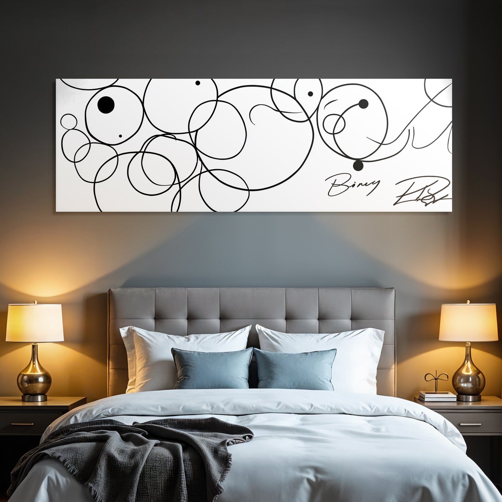 Abstraktes Design Schwarze Kreise Linien Mit Signatur Unter Rechts