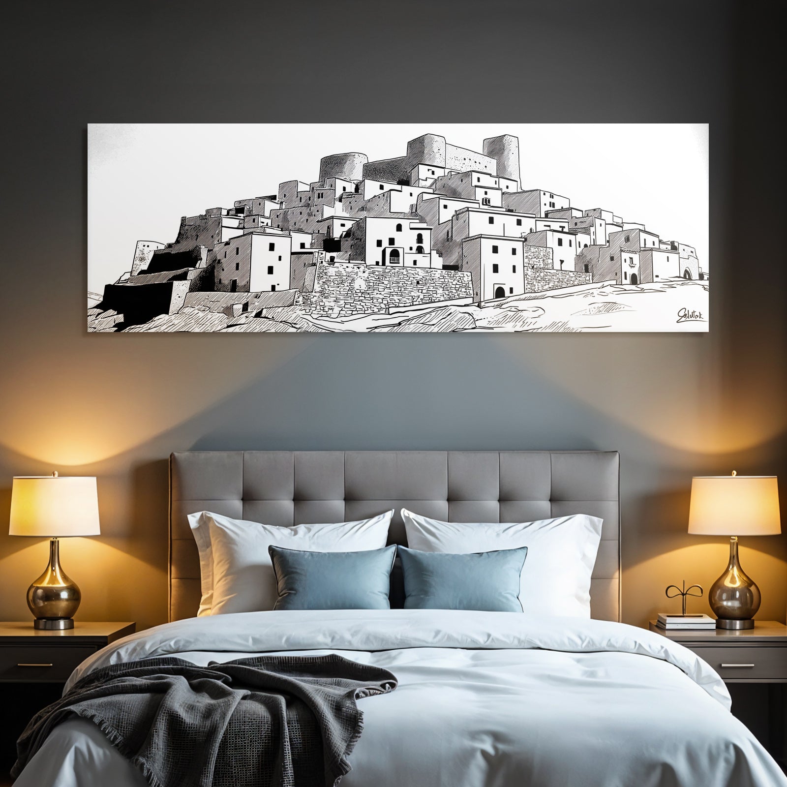 Historische Burg Und Haeuser Zeichnung