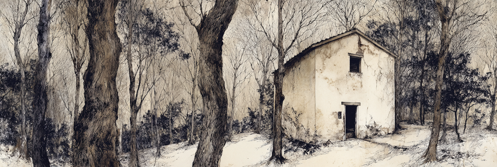 Kleines Verwittertes Haus Umgeben Von Kahlen Baeumen Im Wald | Minimalistisch | Stilrichtungen
