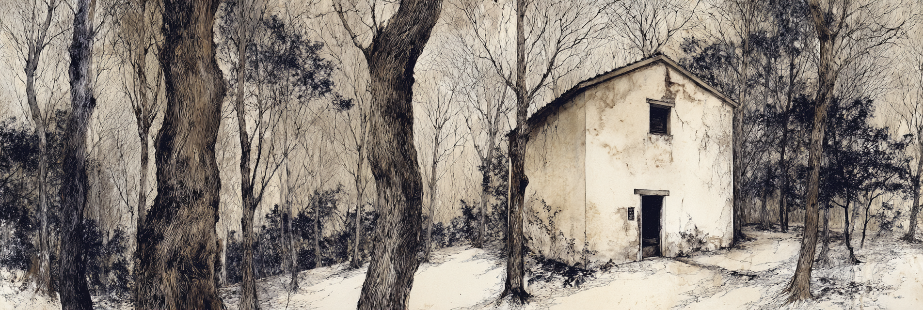Kleines Verwittertes Haus Umgeben Von Kahlen Baeumen Im Wald | Minimalistisch | Stilrichtungen