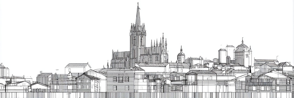 Linienzeichnung Stadtskyline Mit Kirche Und Kathedrale | Minimalistisch | Stilrichtungen