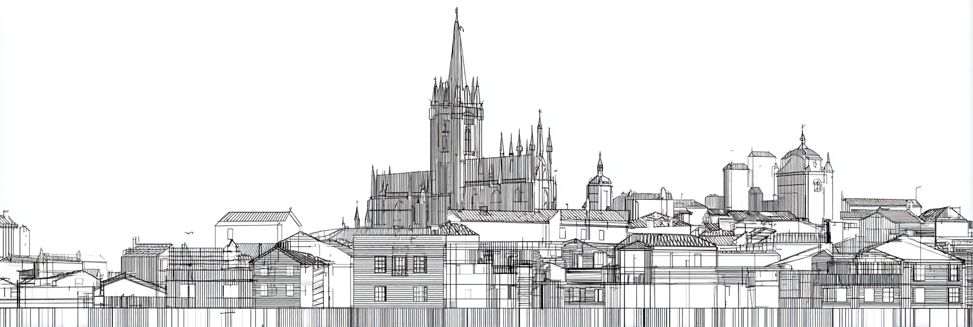 Linienzeichnung Stadtskyline Mit Kirche Und Kathedrale | Minimalistisch | Stilrichtungen