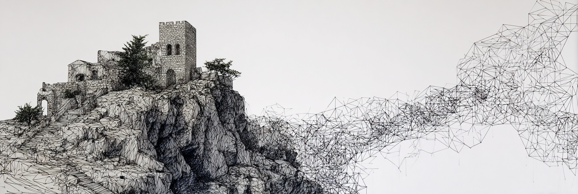 Schloss Und Ruinen Auf Felsklippe Mit Geometrischen Linien | Minimalistisch | Stilrichtungen