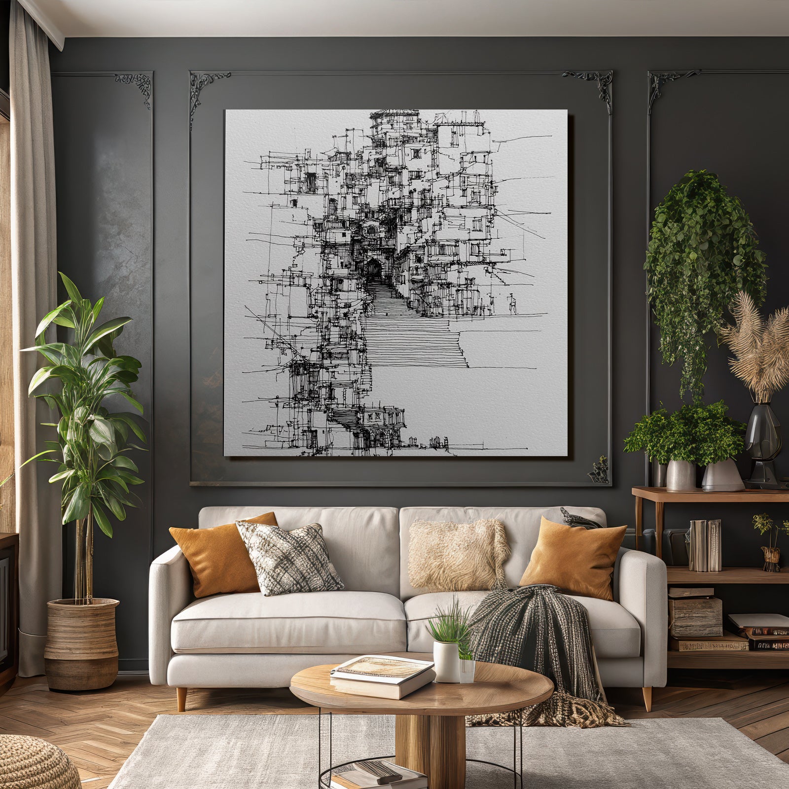 Architekturzeichnung Stilisierte Struktur Mit Treppen Türen Und Geometrischen Formen