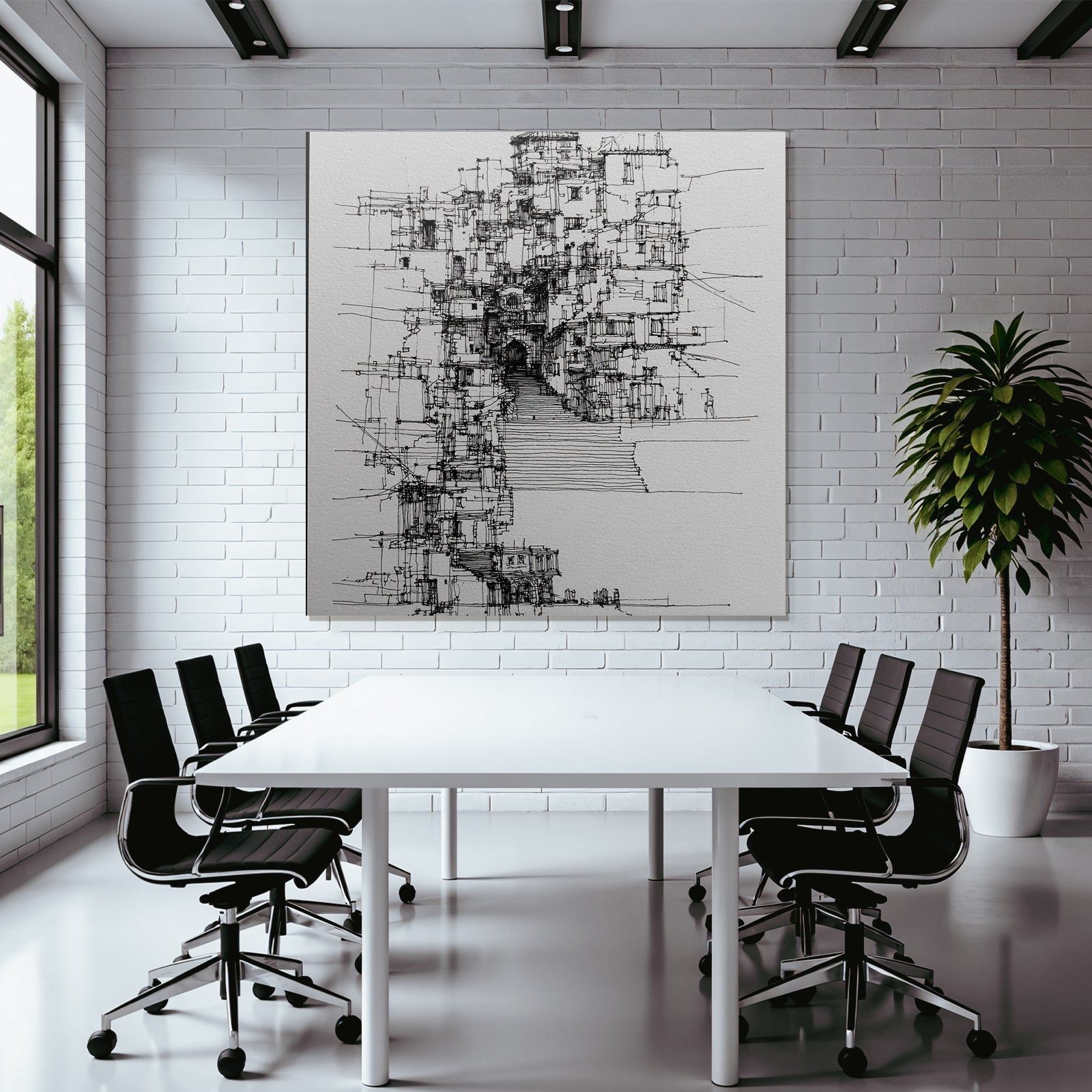 Architekturzeichnung Stilisierte Struktur Mit Treppen Türen Und Geometrischen Formen