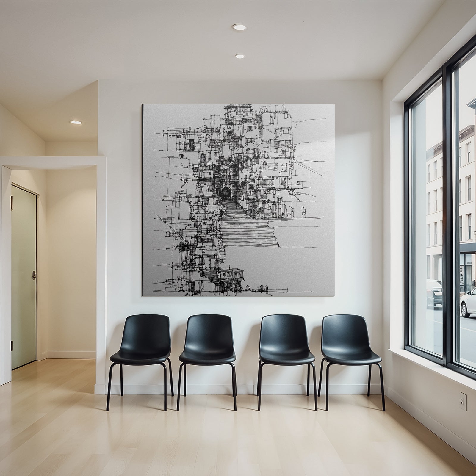 Architekturzeichnung Stilisierte Struktur Mit Treppen Türen Und Geometrischen Formen