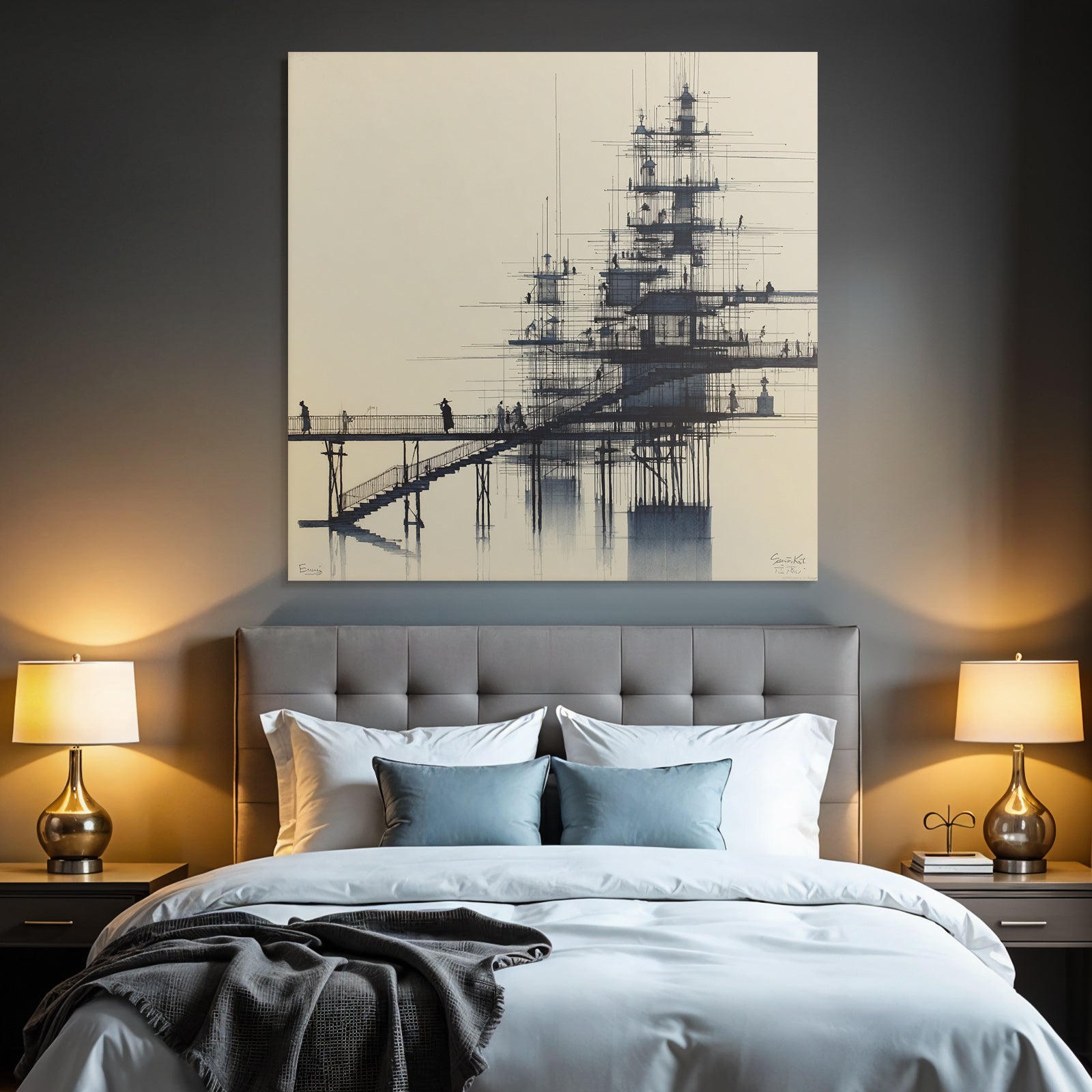 Futuristische Architektur Mit Brücke Und Dynamischen Figuren