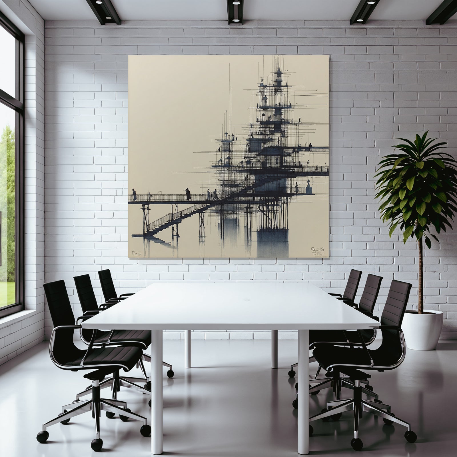 Futuristische Architektur Mit Brücke Und Dynamischen Figuren