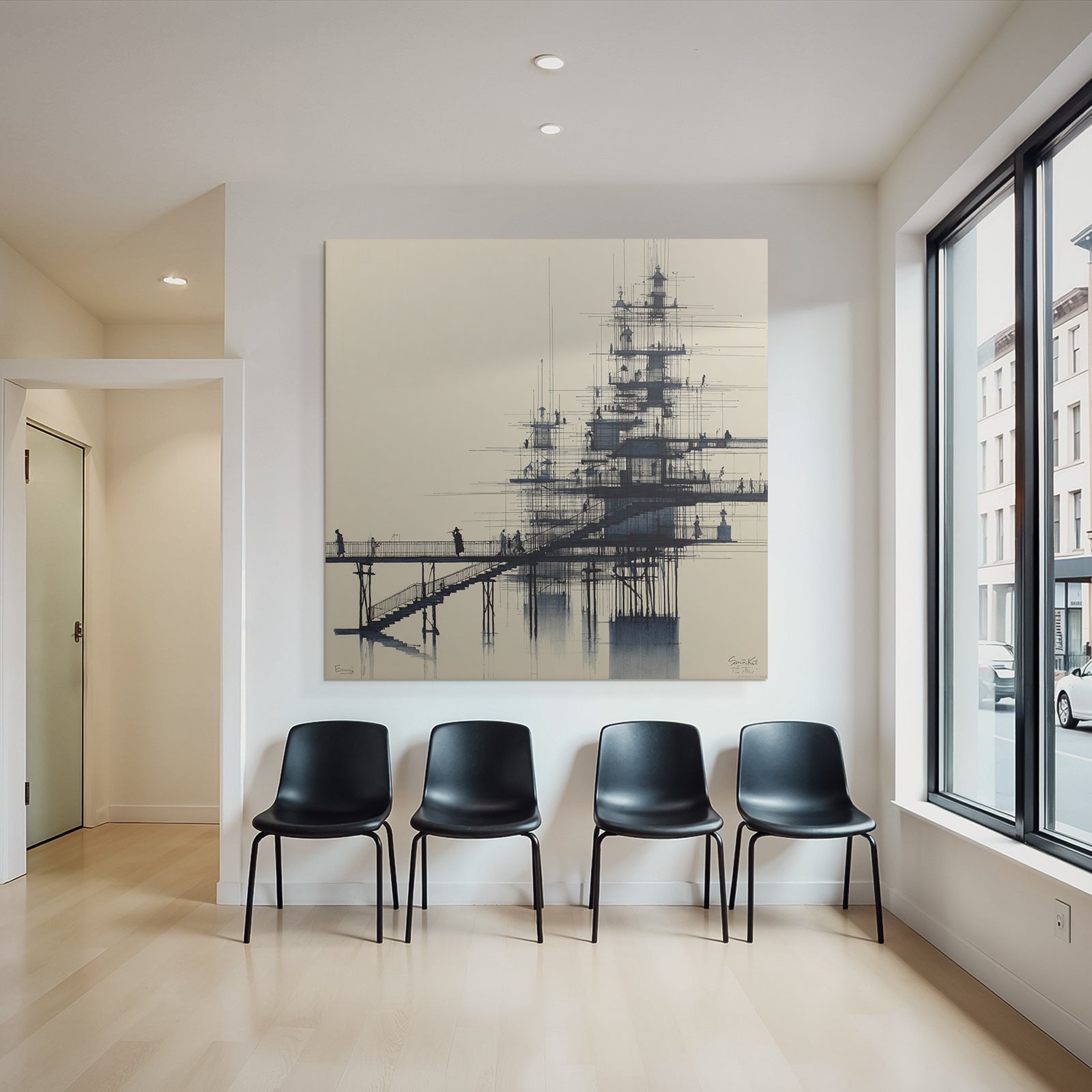 Futuristische Architektur Mit Brücke Und Dynamischen Figuren