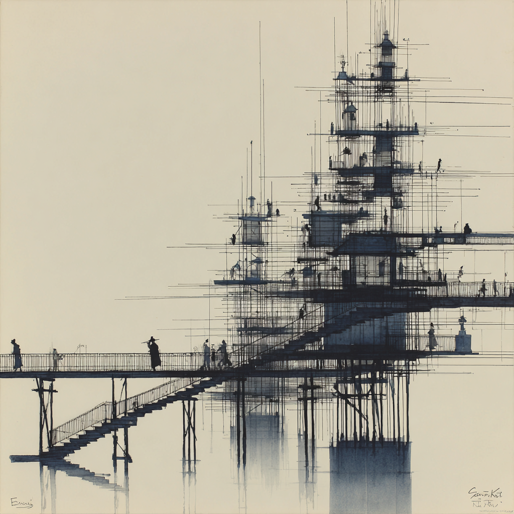 Futuristische Architektur Mit Brücke Und Dynamischen Figuren | Minimalistisch | Stilrichtungen