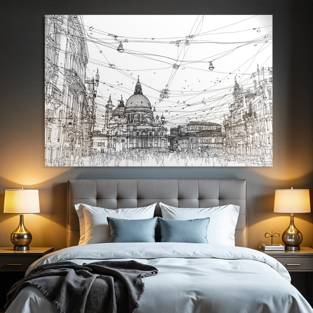 Linienzeichnung Stadtplatz Mit Kuppel Und Hängenden Lichtern Und Figuren