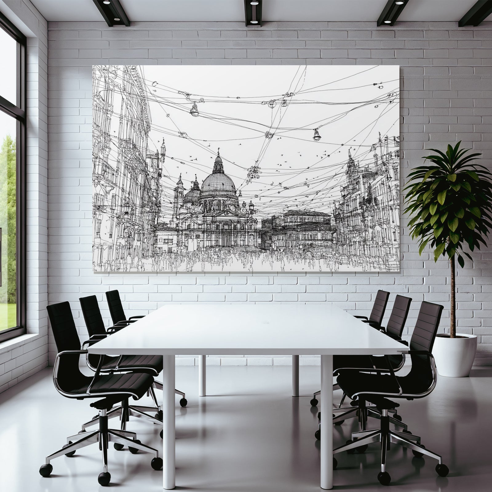 Linienzeichnung Stadtplatz Mit Kuppel Und Hängenden Lichtern Und Figuren