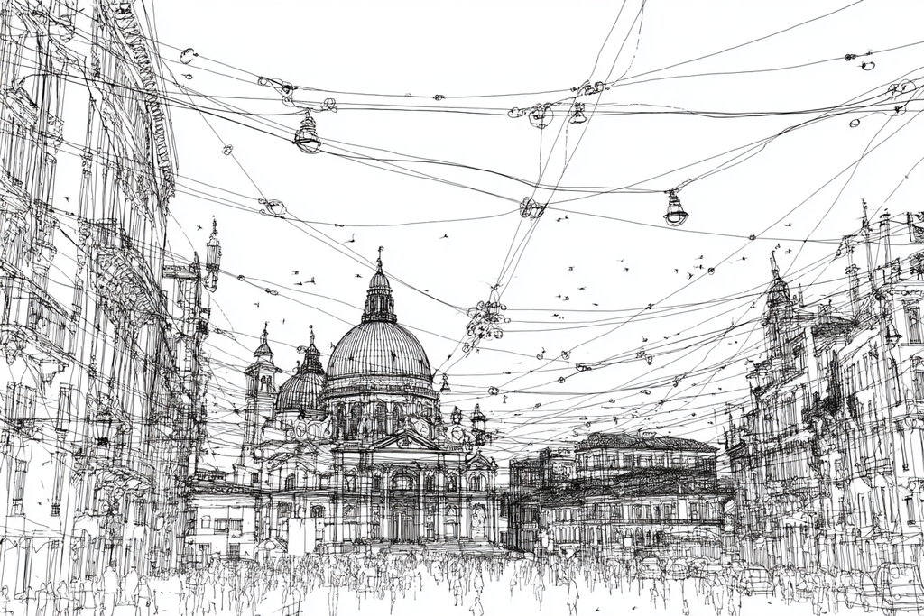Linienzeichnung Stadtplatz Mit Kuppel Und Hängenden Lichtern Und Figuren | Minimalistisch | Stilrichtungen