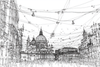 Linienzeichnung Stadtplatz Mit Kuppel Und Hängenden Lichtern Und Figuren | Minimalistisch | Stilrichtungen