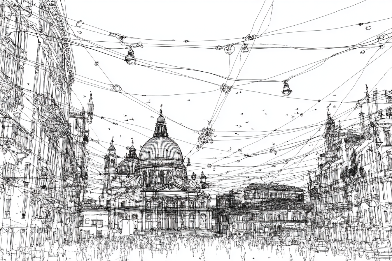 Linienzeichnung Stadtplatz Mit Kuppel Und Hängenden Lichtern Und Figuren | Minimalistisch | Stilrichtungen
