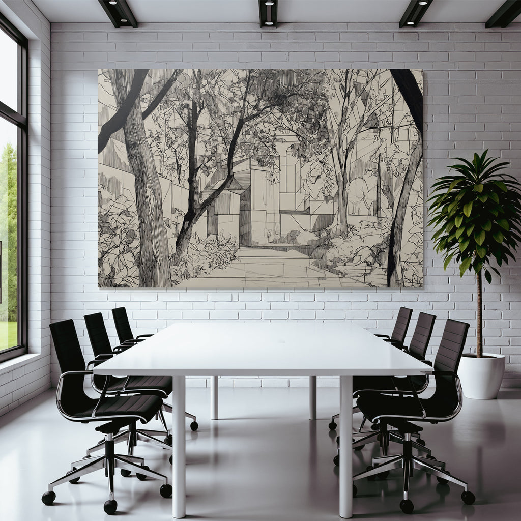 Pfad Im Wald Mit Baeumen Und Abstrakter Architektur