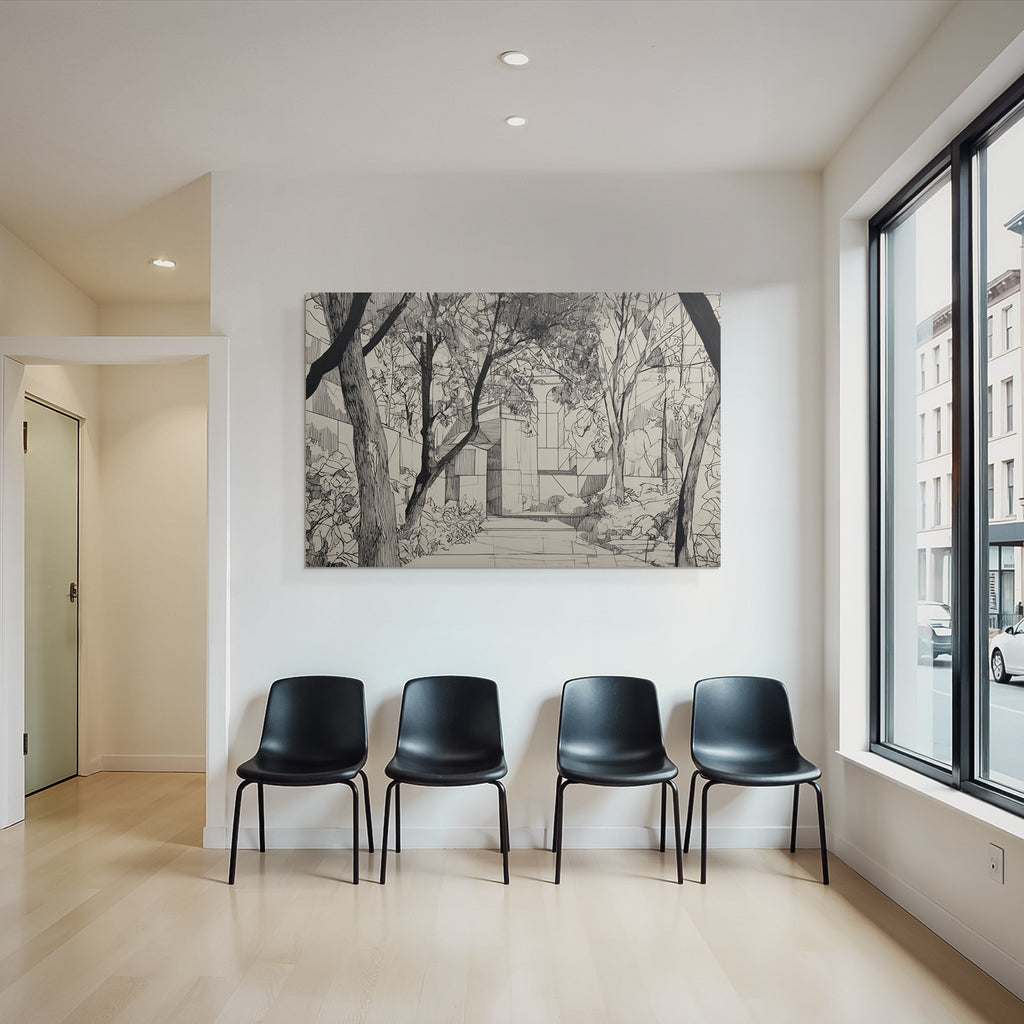 Pfad Im Wald Mit Baeumen Und Abstrakter Architektur