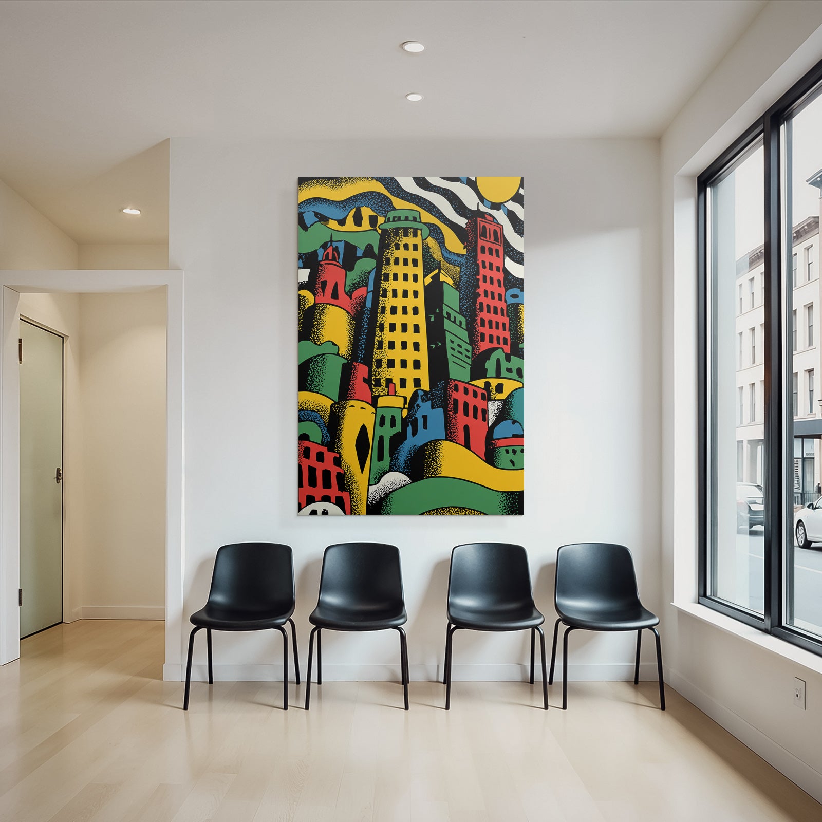 PopArt Abstrakte Stadtlandschaft Mit Bunten Gebaeuden