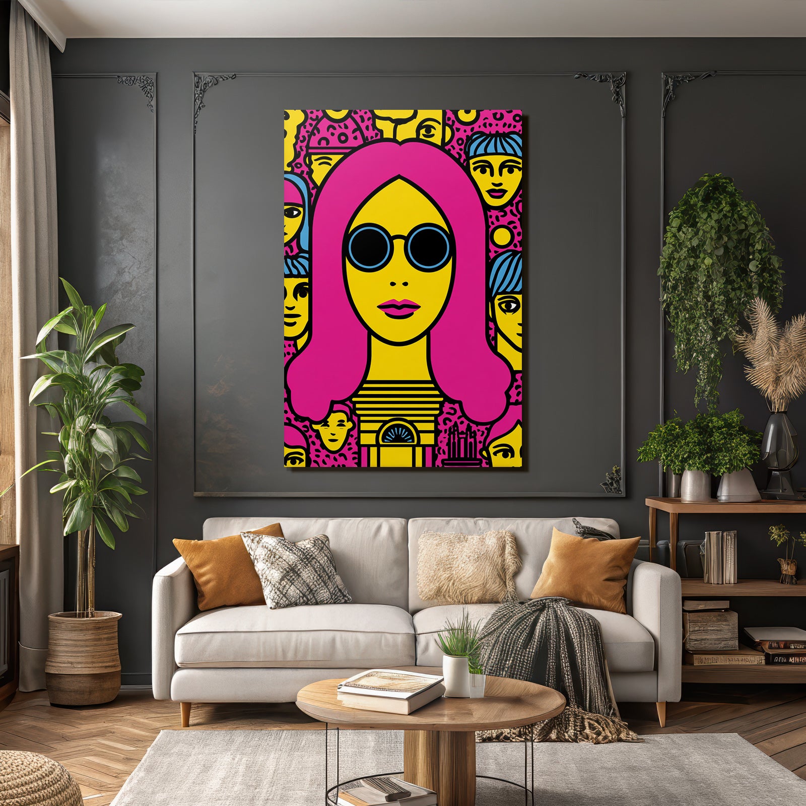 PopArt Bunte Illustration Mit Pinken Haaren Und Sonnenbrille