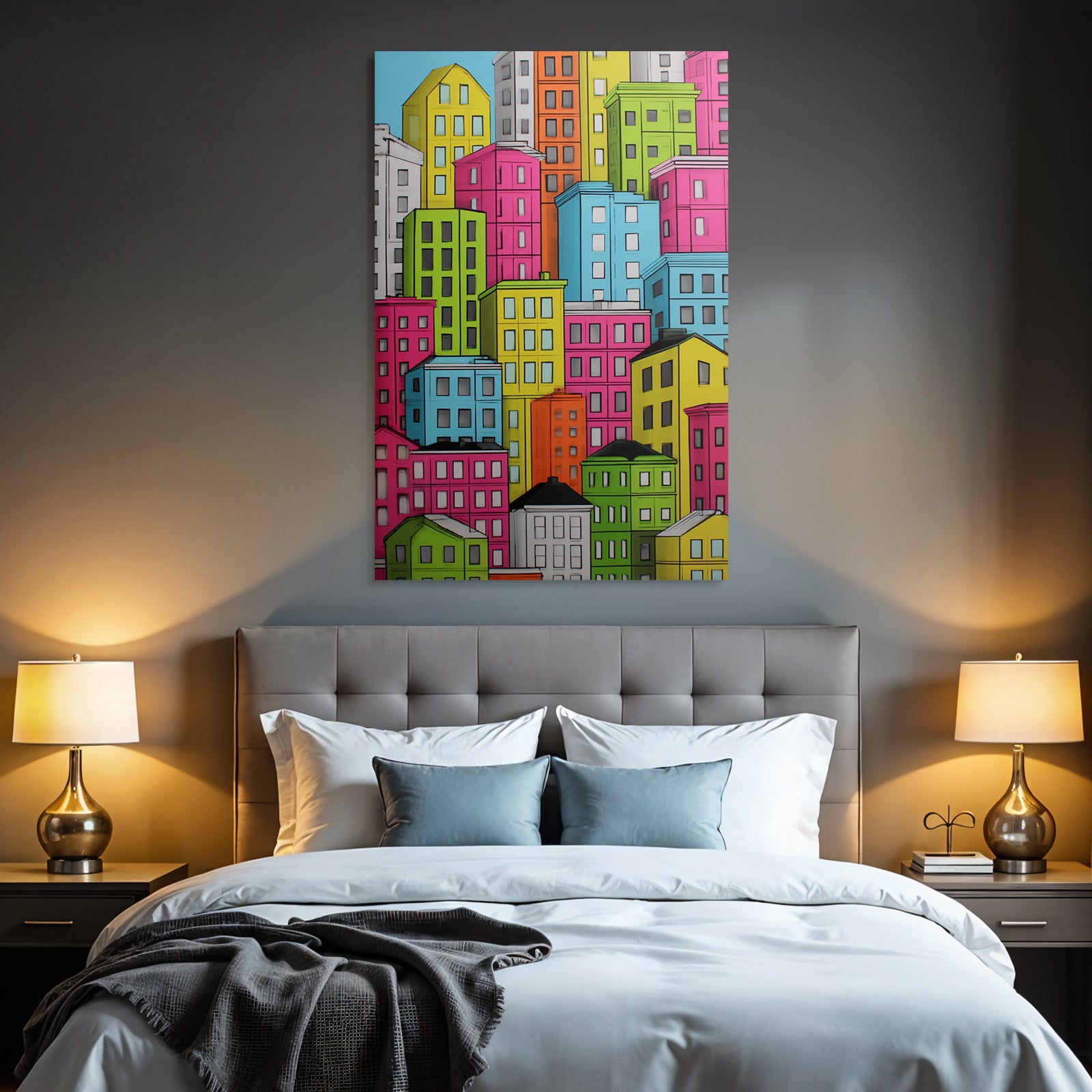 PopArt Bunte Stadtlandschaft Mit Farbenfrohen Haeusern
