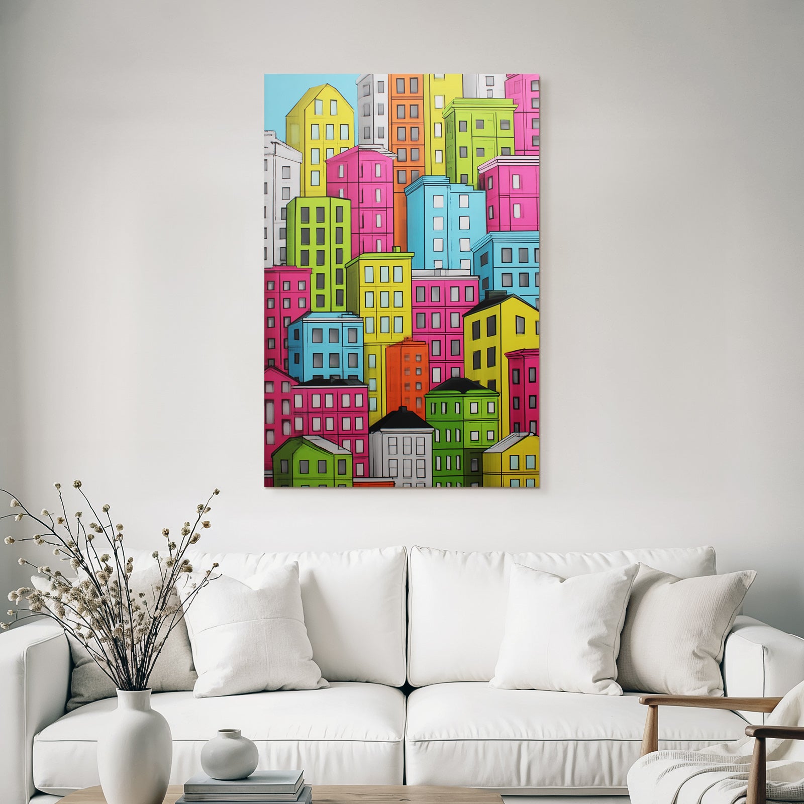 PopArt Bunte Stadtlandschaft Mit Farbenfrohen Haeusern
