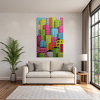 PopArt Bunte Stadtlandschaft Mit Farbenfrohen Haeusern