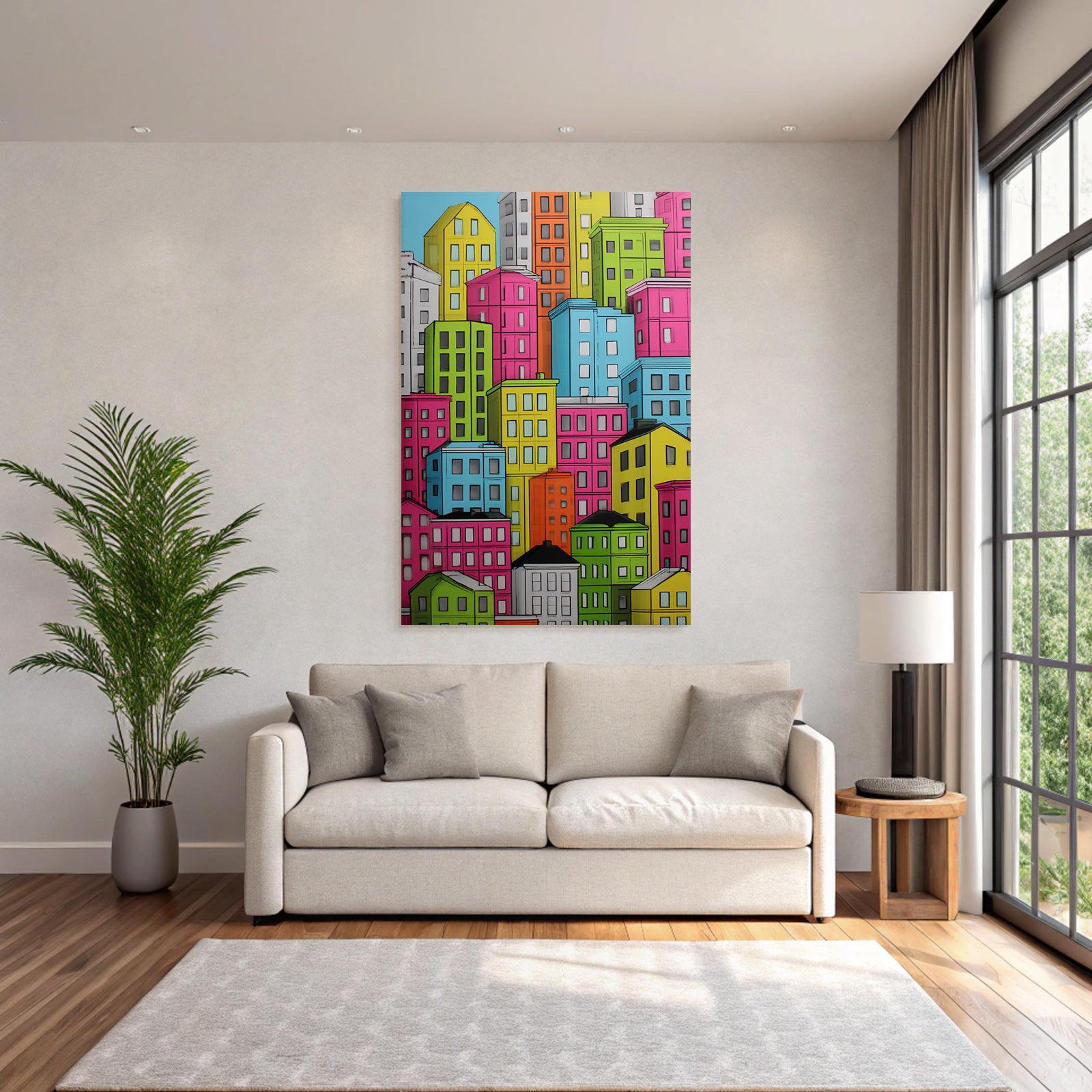 PopArt Bunte Stadtlandschaft Mit Farbenfrohen Haeusern
