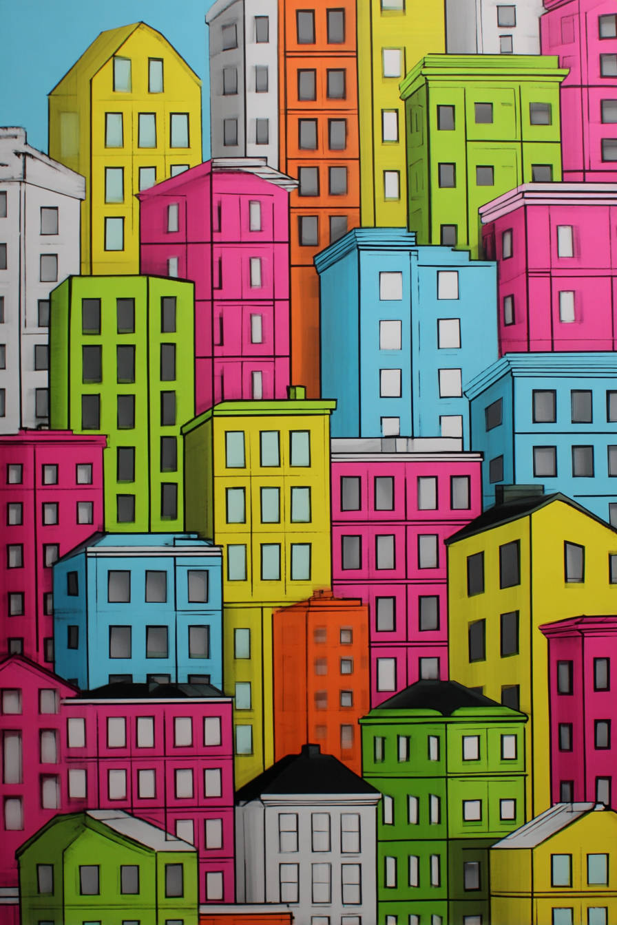 PopArt Bunte Stadtlandschaft Mit Farbenfrohen Haeusern | Pop Art | Stilrichtungen