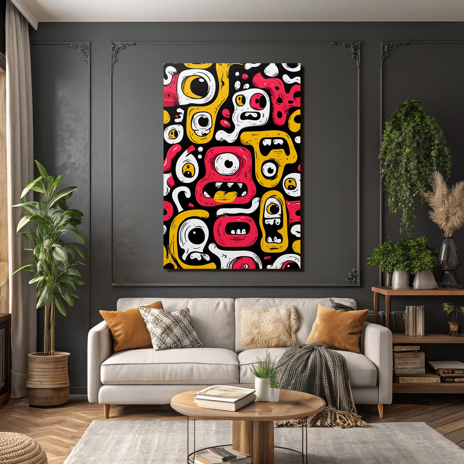 PopArt Bunte Monster Gesichter Und Abstrakte Formen