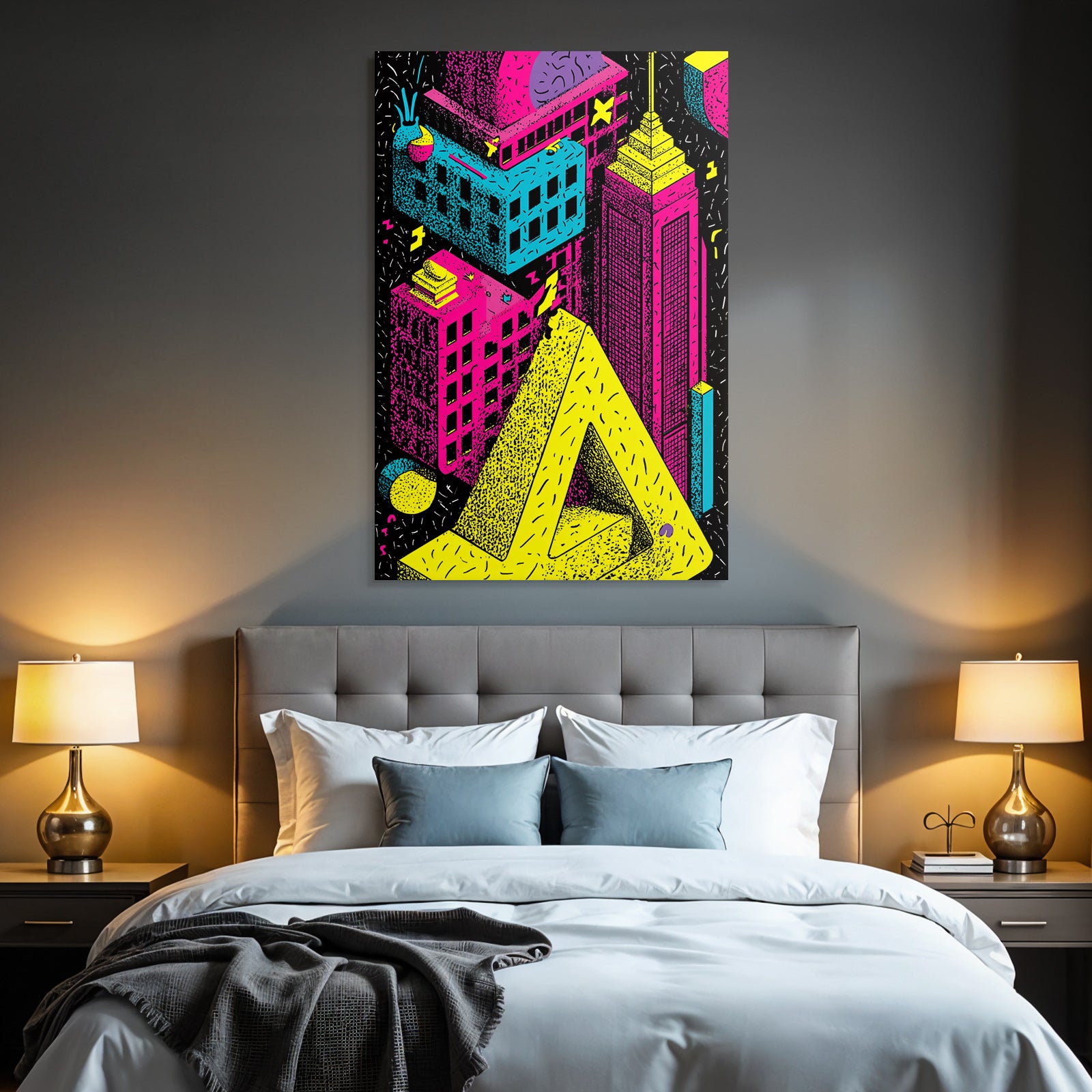 PopArt Bunte Stadtlandschaft Mit Neonfarben Und Geometrischen Formen