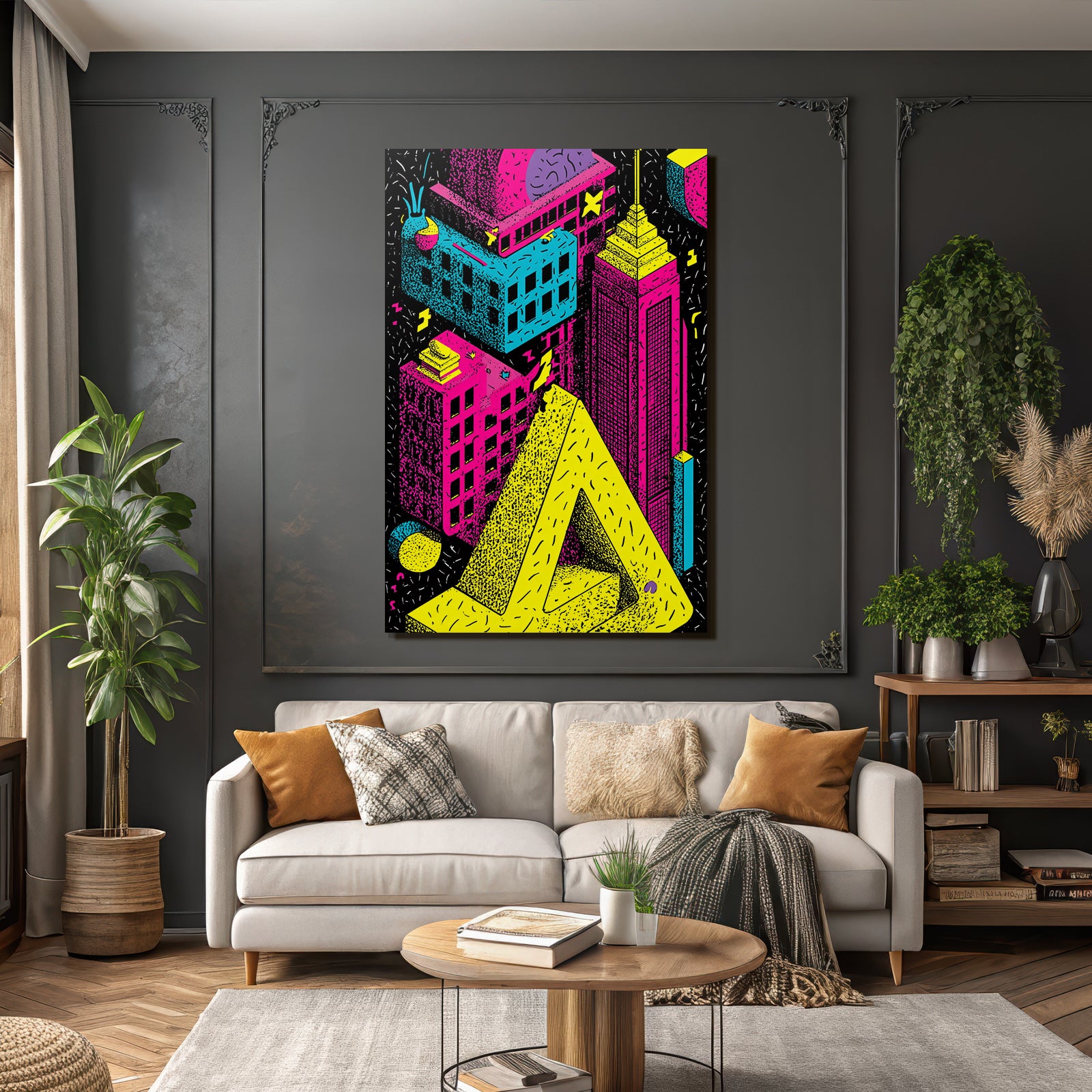 PopArt Bunte Stadtlandschaft Mit Neonfarben Und Geometrischen Formen