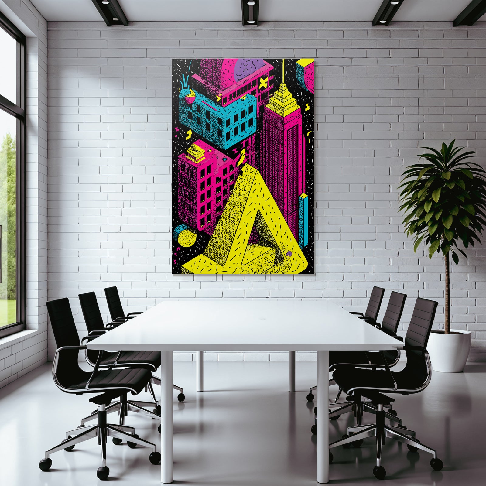 PopArt Bunte Stadtlandschaft Mit Neonfarben Und Geometrischen Formen
