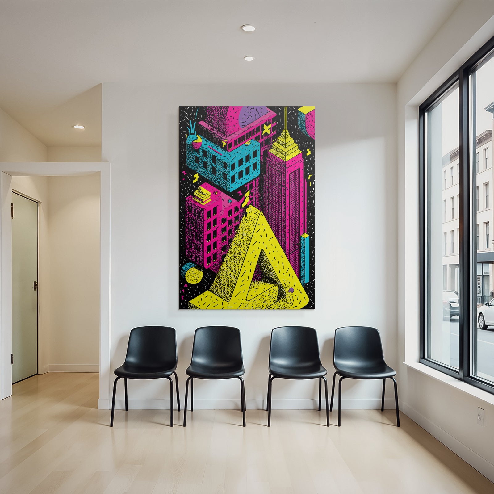 PopArt Bunte Stadtlandschaft Mit Neonfarben Und Geometrischen Formen