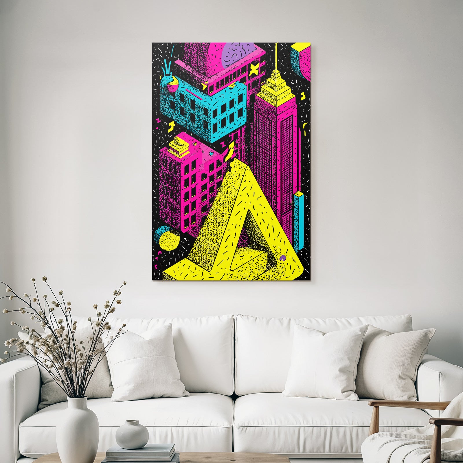PopArt Bunte Stadtlandschaft Mit Neonfarben Und Geometrischen Formen