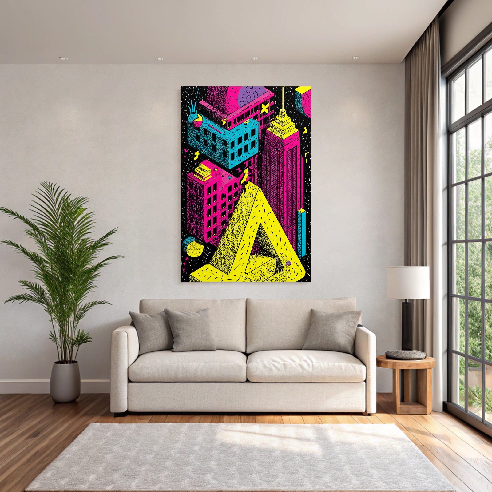 PopArt Bunte Stadtlandschaft Mit Neonfarben Und Geometrischen Formen