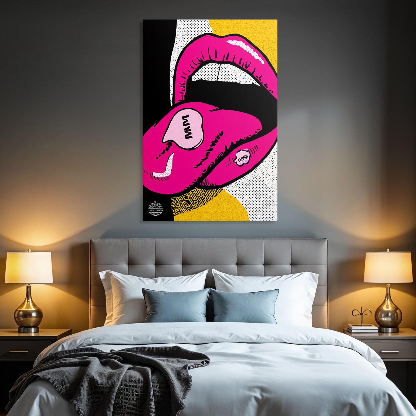 PopArt Digitale Kunst Vibrante Lippen Mit Bonbon Beschrifteter Zunge