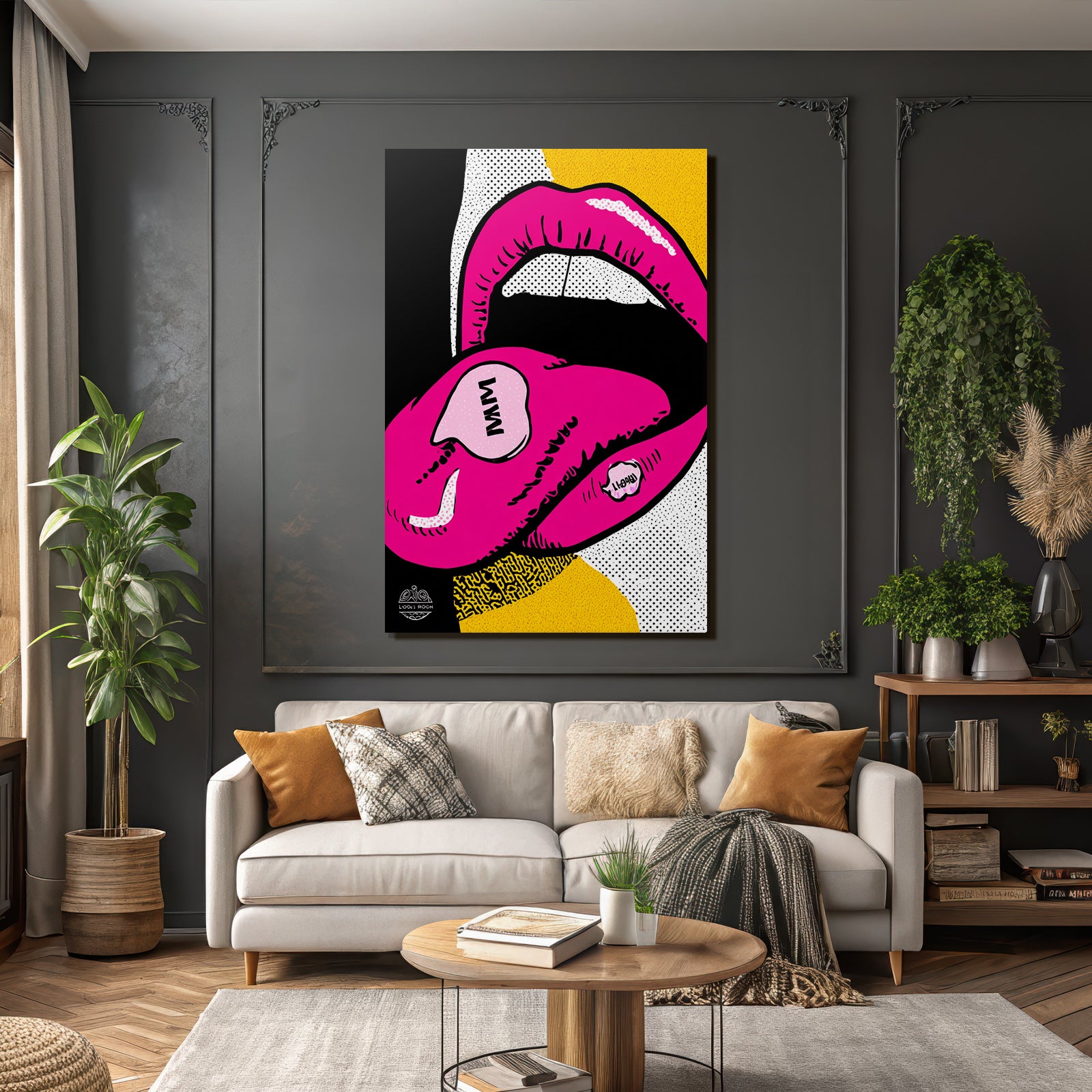 PopArt Digitale Kunst Vibrante Lippen Mit Bonbon Beschrifteter Zunge