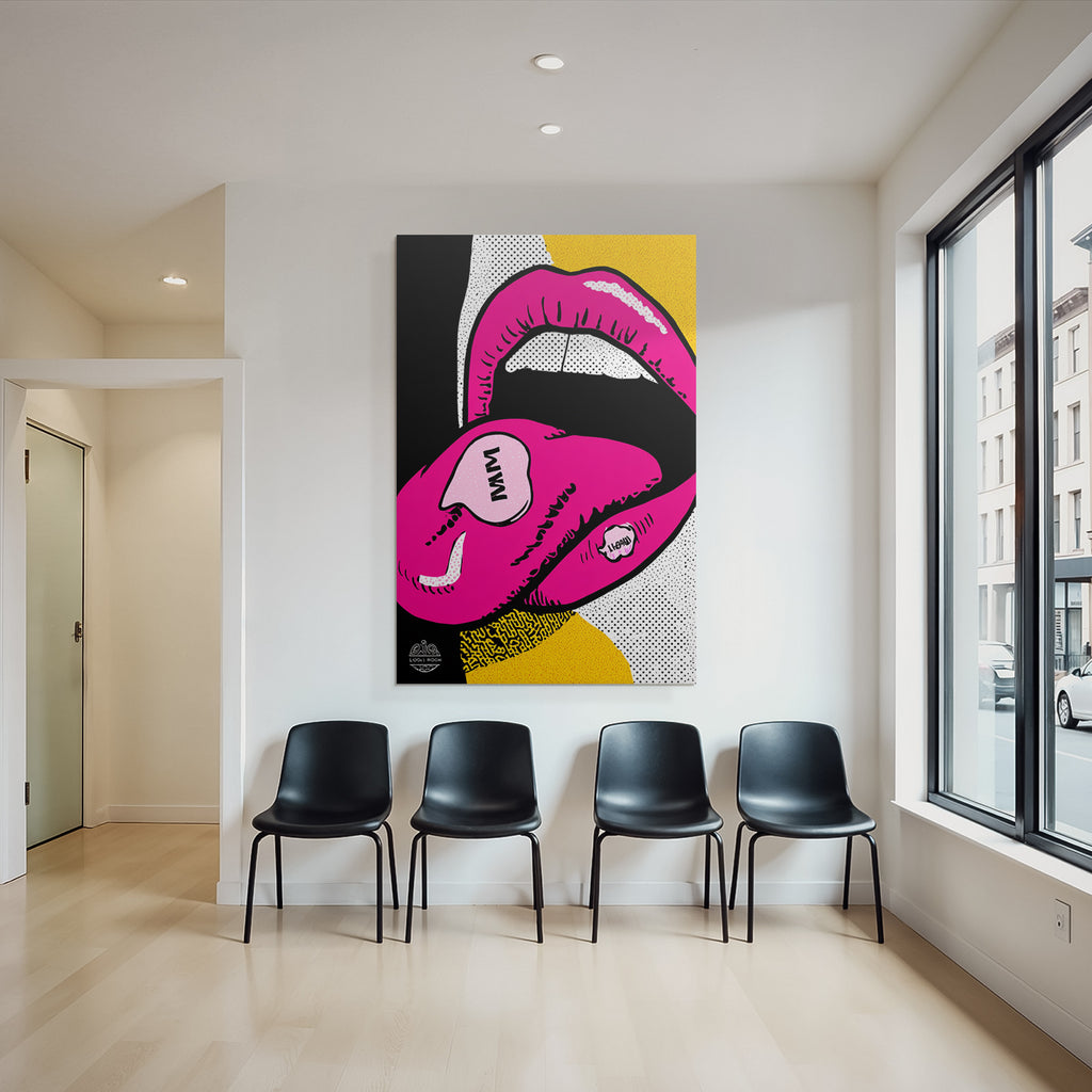 PopArt Digitale Kunst Vibrante Lippen Mit Bonbon Beschrifteter Zunge