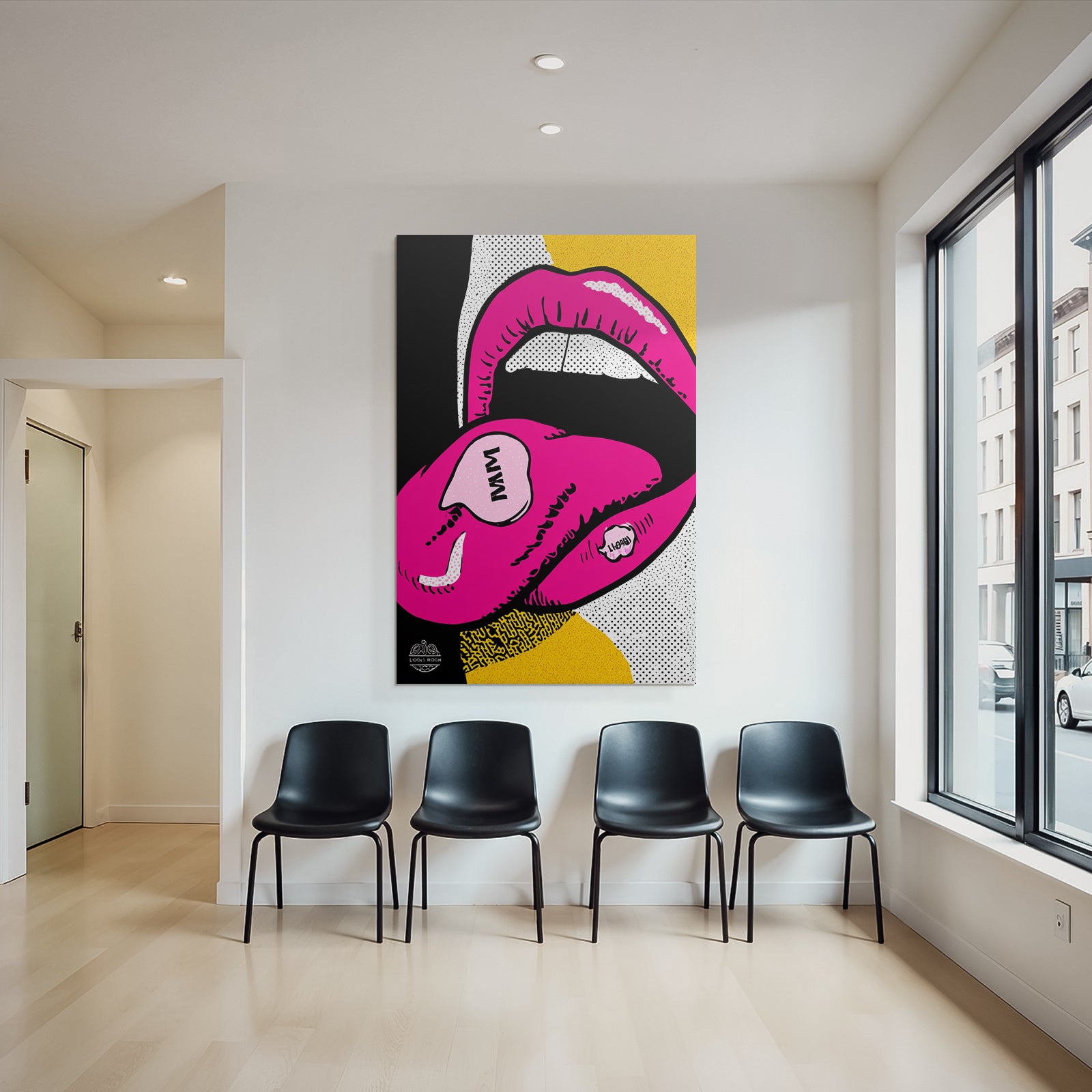 PopArt Digitale Kunst Vibrante Lippen Mit Bonbon Beschrifteter Zunge