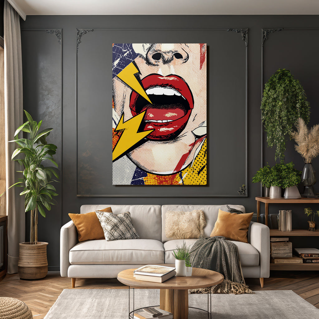 PopArt Dynamischer Mund Roter Lippen Gelbe Blitze