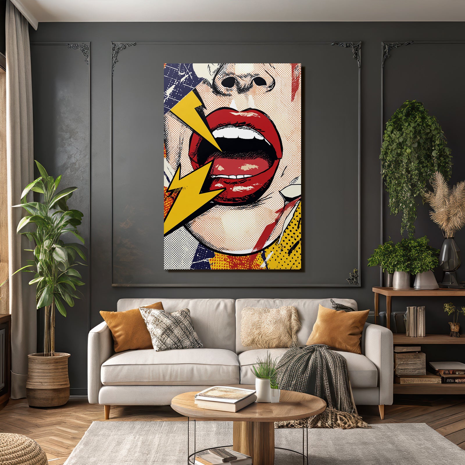 PopArt Dynamischer Mund Roter Lippen Gelbe Blitze