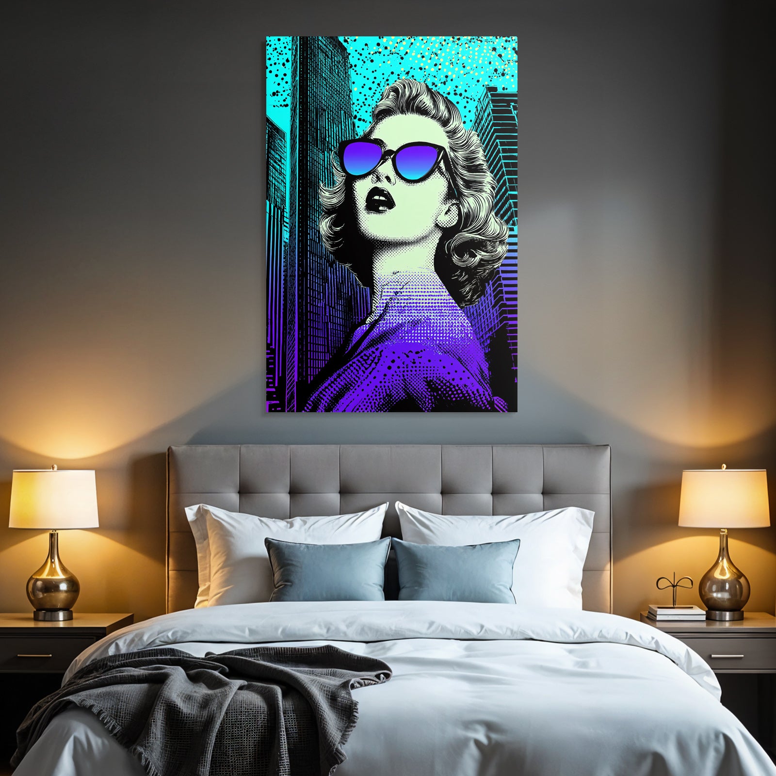 PopArt Frau Mit Blondem Haar Sonnenbrille Und Stadtbild Im Popartstil