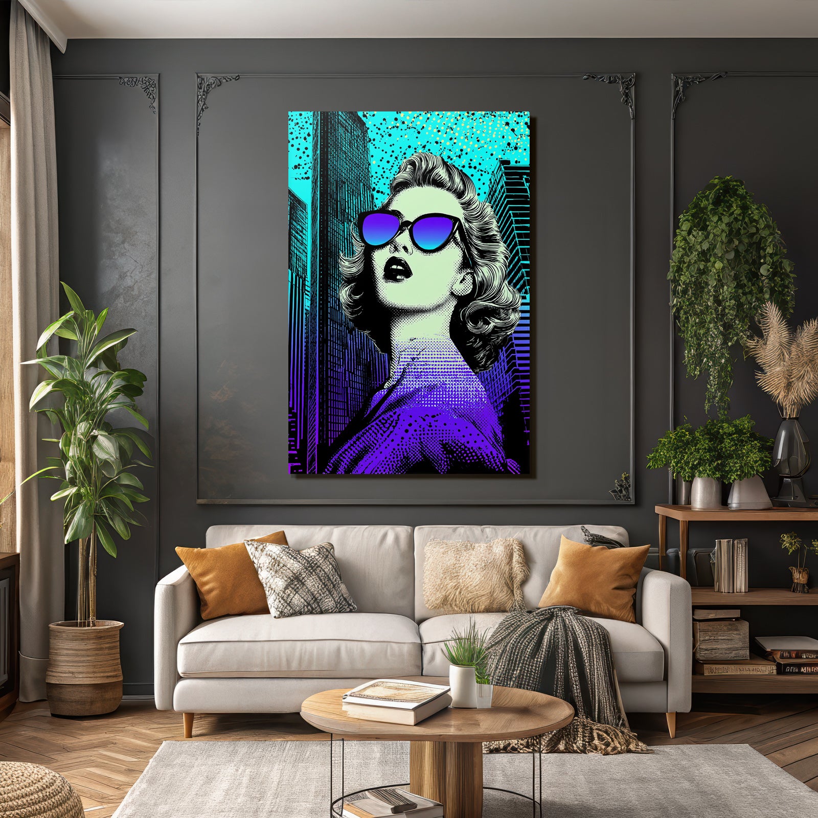 PopArt Frau Mit Blondem Haar Sonnenbrille Und Stadtbild Im Popartstil