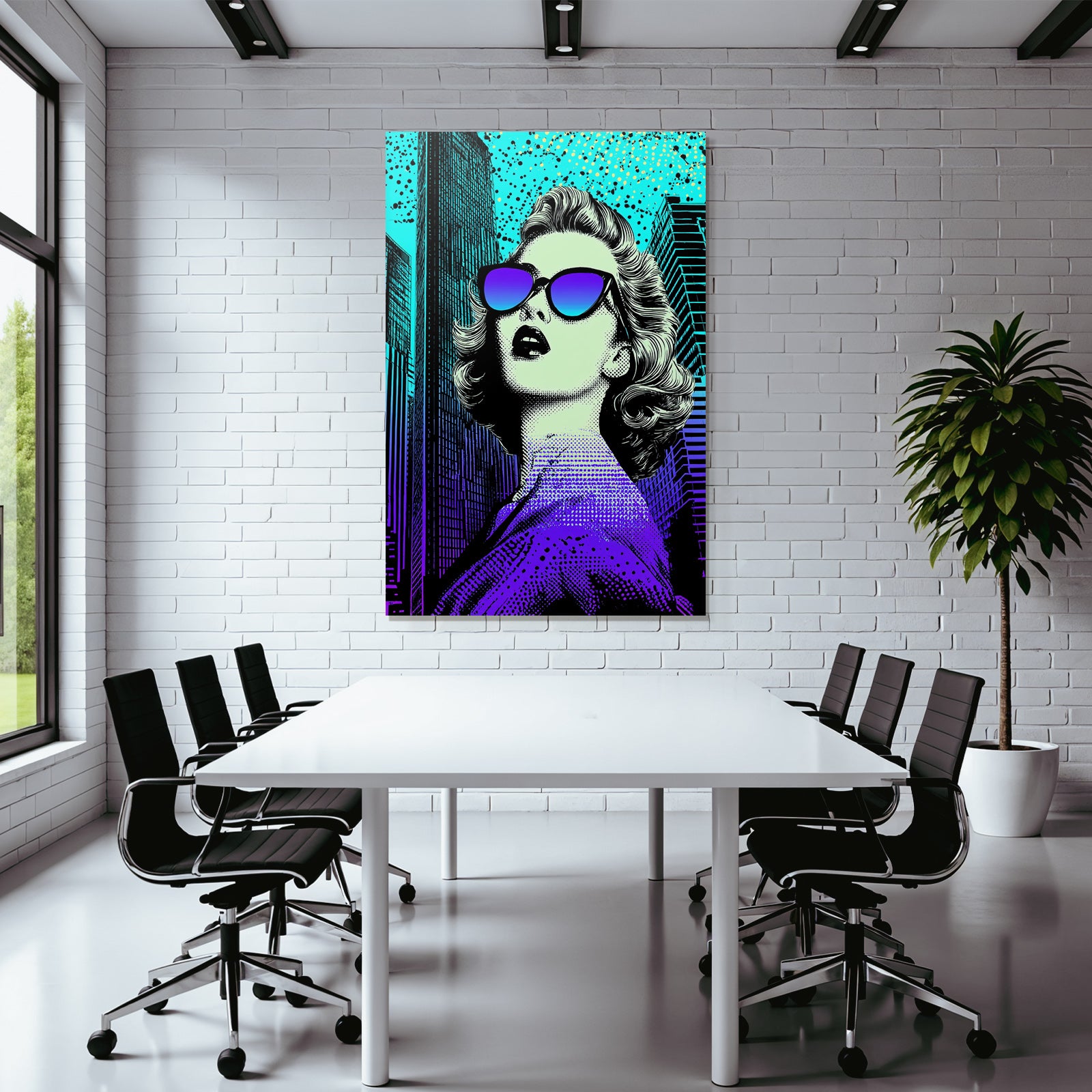 PopArt Frau Mit Blondem Haar Sonnenbrille Und Stadtbild Im Popartstil