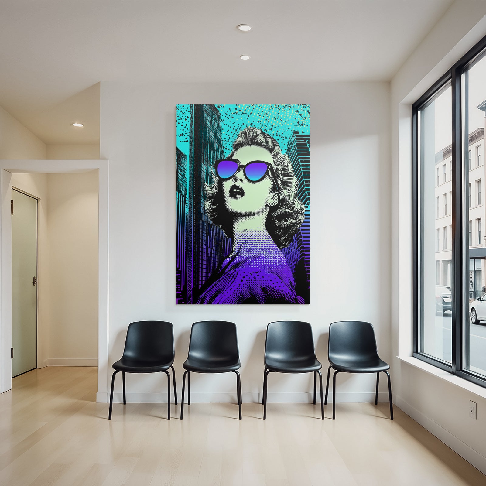 PopArt Frau Mit Blondem Haar Sonnenbrille Und Stadtbild Im Popartstil