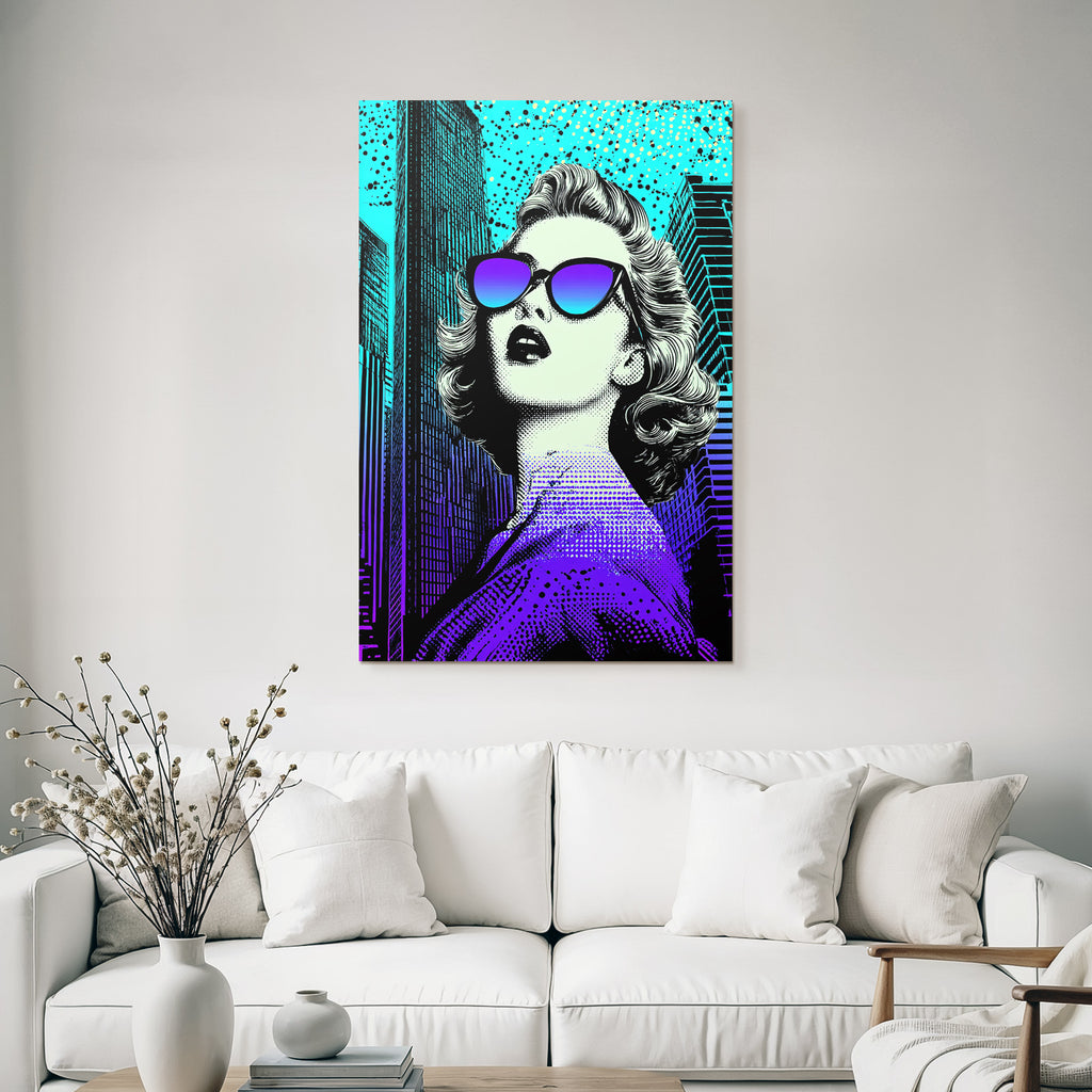 PopArt Frau Mit Blondem Haar Sonnenbrille Und Stadtbild Im Popartstil