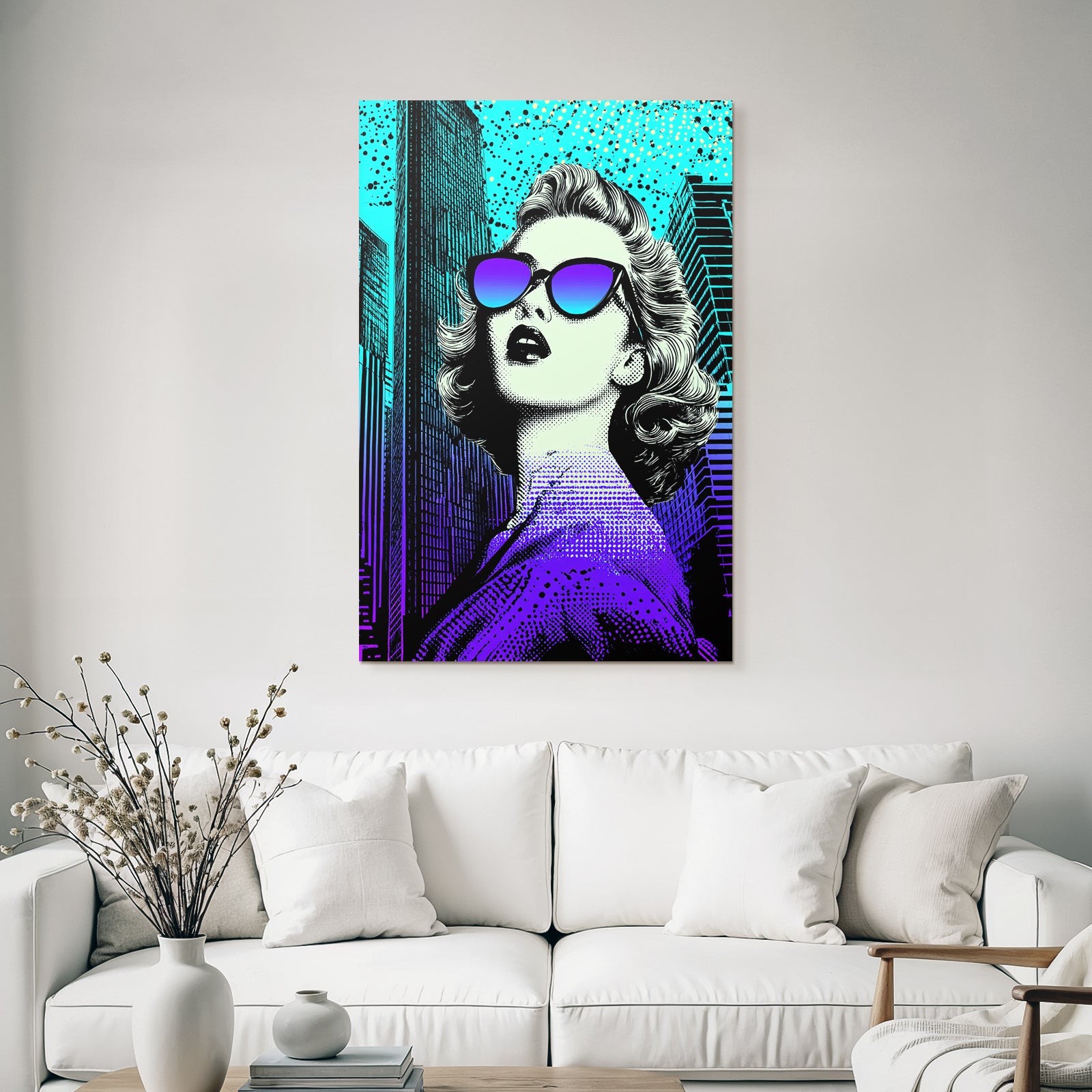 PopArt Frau Mit Blondem Haar Sonnenbrille Und Stadtbild Im Popartstil